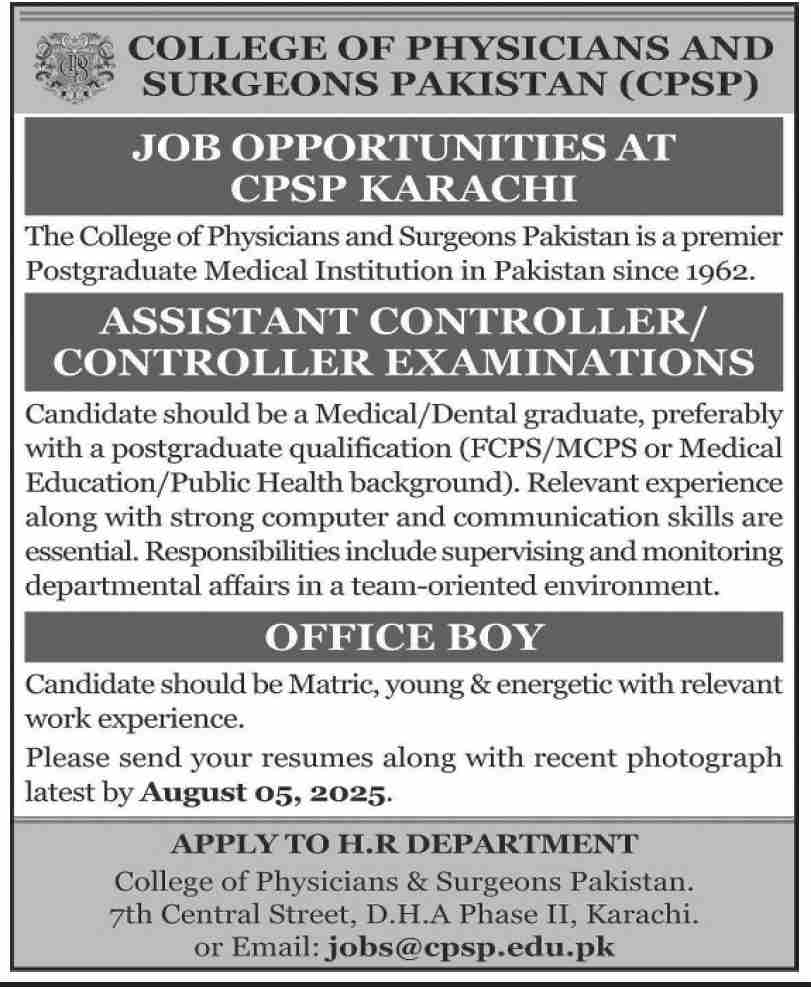 Jobs in College of Physicians & Surgeons Pakistan Karachi